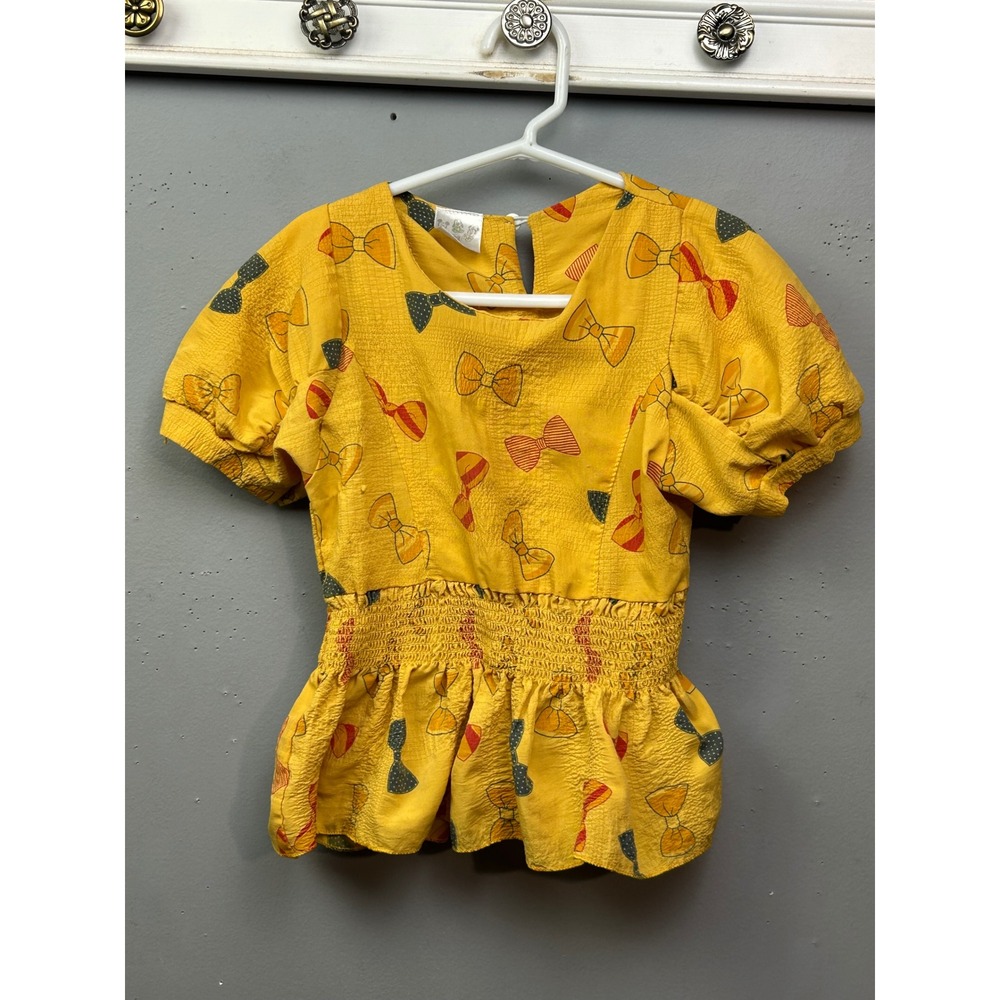Disney Vtg Top Girls 2T Yellow Bow Print Peplum Puff Sleeve Smocked Boho Blouse